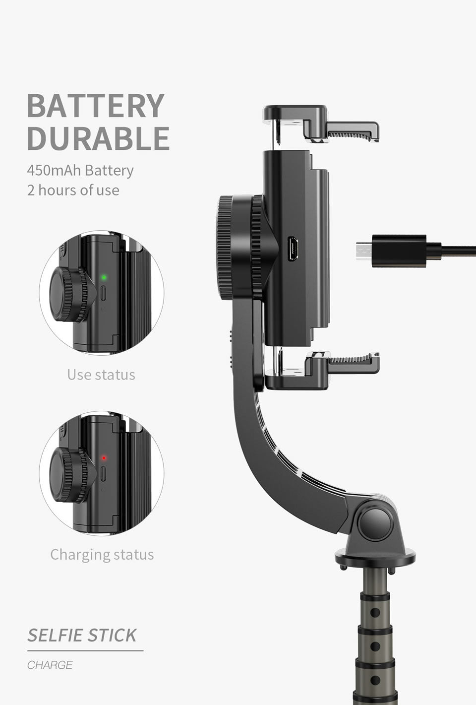 Adjustable Gimbal L08 Stabilize Bluetooth Self timer Pole Tripod Selfie Stick - White