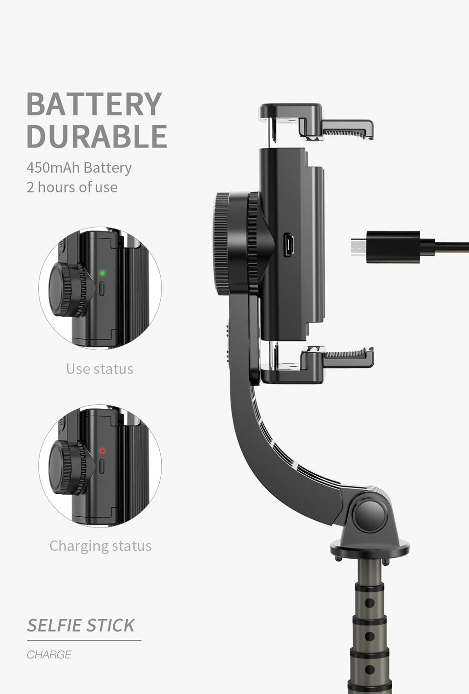 Adjustable Gimbal L08 Stabilize Bluetooth Self timer Pole Tripod Selfie Stick - White
